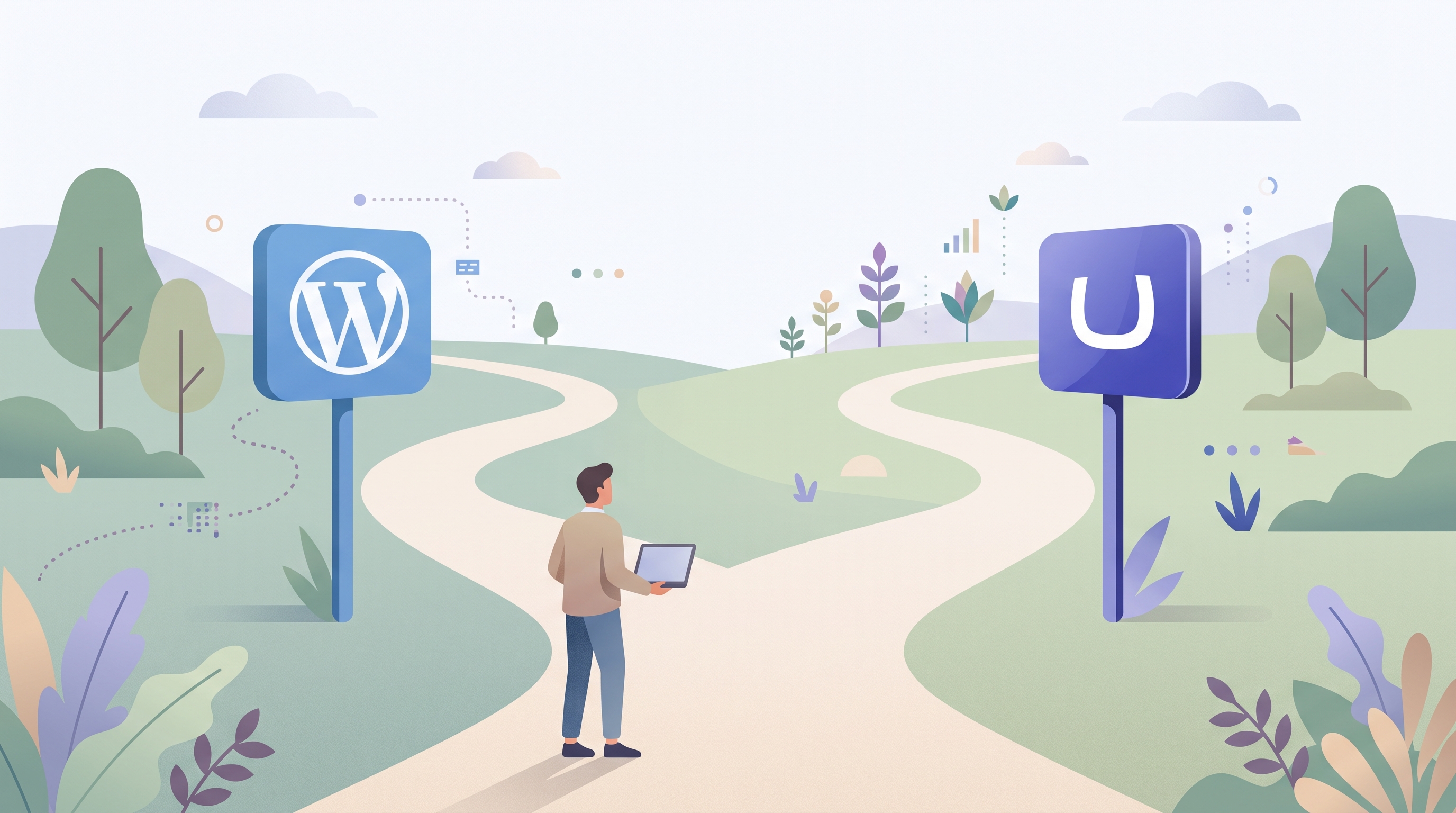 Iemand met een laptop staat op een kruispunt met een WordPress- en een Umbraco-wegwijzer